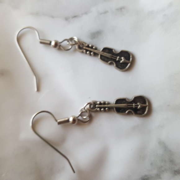 Violin Fiddle Earrings Surgical Steel Silver Tone - Picture 3 of 8